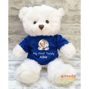 Personalised Keel Toys Eco Large 11 Inch 29cm Harry White Teddy Bear Wearing Coloured T-Shirt printed with "Bear Sleeping on Moon" Design + Any Name / Text