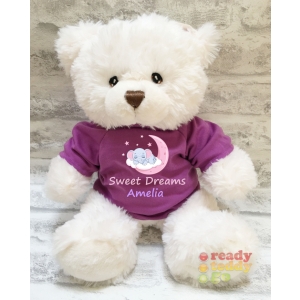 Personalised Keel Toys Eco Large 11 Inch 29cm Harry White Teddy Bear Wearing Coloured T-Shirt printed with "Girl Elephant Sleeping on Cloud" Design + Any Name / Text