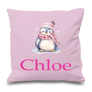Winter Penguin Watercolour Any Name Printed Cushion