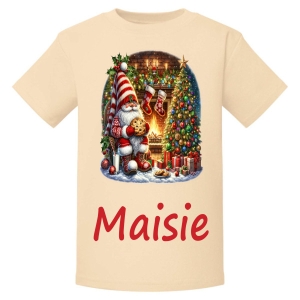Christmas Gnome Fireplace Scene Any Name Childrens Printed T-Shirt