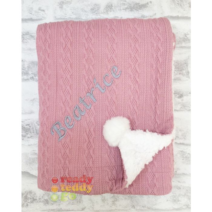 Personalised Embroidered Any Name Dusty Pink Cable Knit Wrap w Pom Pom Baby Blanket 19.99