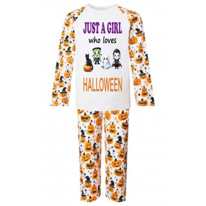 Personalised Just a Boy Girl who loves HALLOWEEN Printed Kids Children s Pyjamas PJ s Pajamas