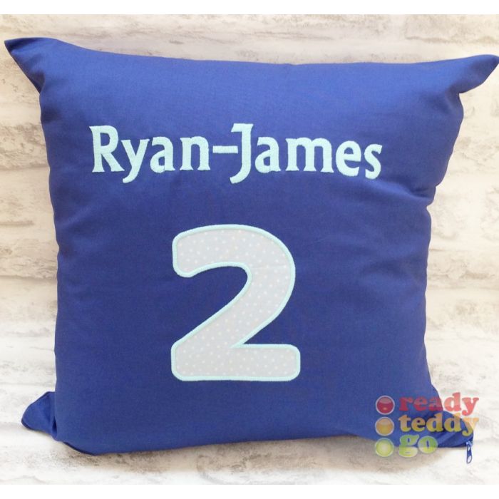 Applique Number CHOOSE FABRIC Any Name Embroidered Cushion