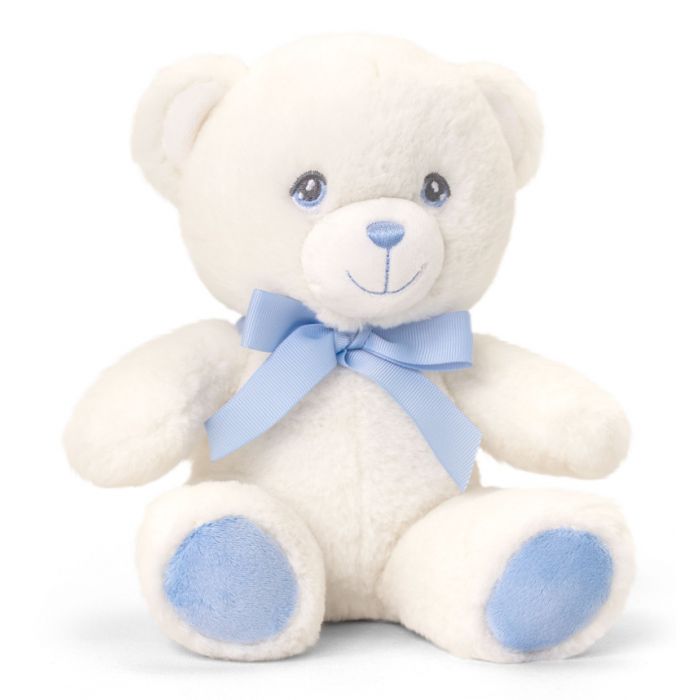 Personalised Small Keel Toys Eco Cream Teddy Bear with Blue Ribbon Cuddly Soft Toy 13.99
