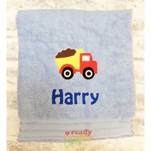 Name + Dump Truck Embroidered Design Bath Towel