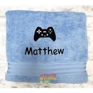 Name + Gaming Controller Embroidered Design Bath Towel