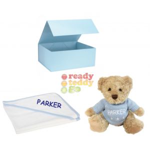 Knitted Jumper Teddy Bear + Hooded Bath Towel Baby Boy Girl Unisex Gift Box Set