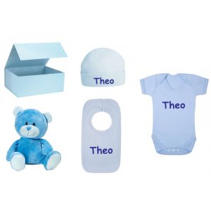 Baby Boy Blue Teddy Bear + Babygrow + Hat + Bib Gift Box Set