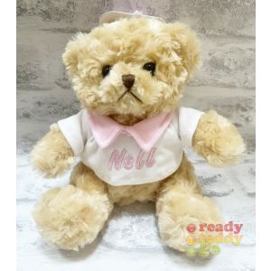 Teddy Bear wearing Cream T-Shirt with Pink Collar