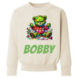 Christmas Grumpy Green Bear Any Name Childrens Sweatshirt / Jumper