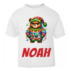 Christmas Grumpy Brown Bear Any Name Childrens Printed T-Shirt
