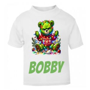 Christmas Grumpy Green Bear Any Name Childrens Printed T-Shirt