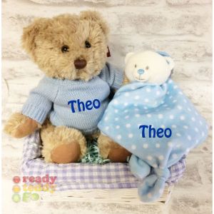 Sherwood Teddy Bear with Knitted Jumper + Bear Comforter Gift Basket Hamper (Boy/Girl)