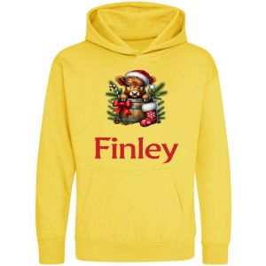 Christmas Highland Cow Stocking Any Name Childrens Hoodie