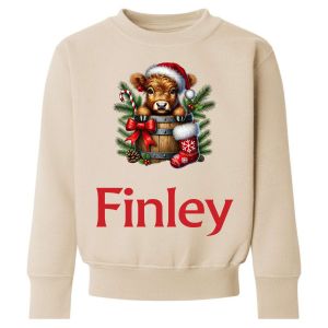 Christmas Highland Cow Barrel Any Name Childrens Sweatshirt / Jumper