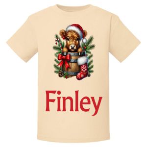 Christmas Highland Cow Barrel Any Name Childrens Printed T-Shirt