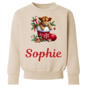 Christmas Highland Cow Stocking Any Name Childrens Sweatshirt / Jumper