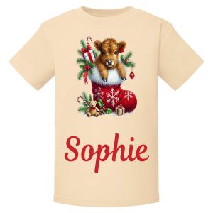 Christmas Highland Cow Stocking Any Name Childrens Printed T-Shirt