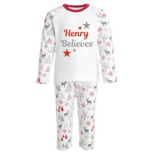 Christmas Grey & Red Reindeer Pattern Any Name Believes Childrens Pyjamas