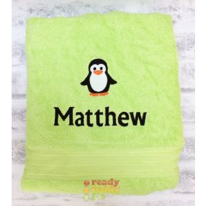 Name + Penguin Embroidered Design Bath Towel