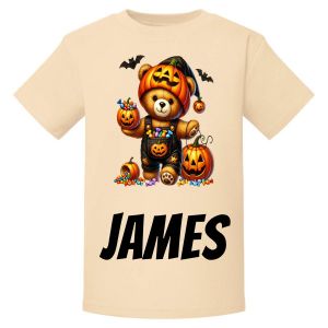 Halloween Pumpkin Bear Any Name Childrens Printed T-Shirt