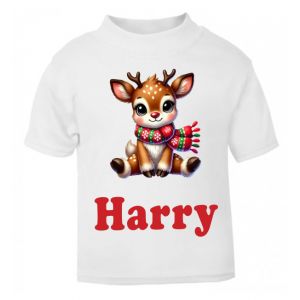 Christmas Reindeer Scarf Any Name Childrens Printed T-Shirt