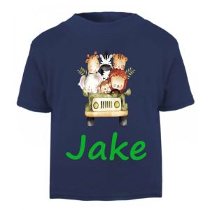 Safari Animals Jeep Any Name Childrens Printed T-Shirt