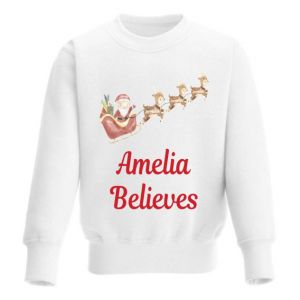 Santa Sleigh Watercolour Christmas Any Name Believes Childrens Sweatshirt / Jumper