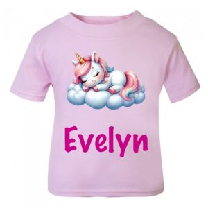 Unicorn Sleeping on Cloud Any Name Childrens Printed T-Shirt
