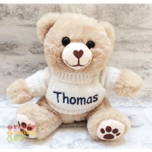 Brown Teddy Bear wearing cream Knitted Jumper