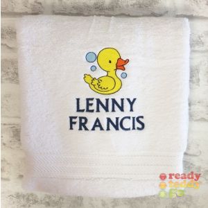 Name + Duck and Bubbles Embroidered Design Bath Towel