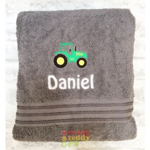 Name + Tractor Embroidered Design Bath Towel