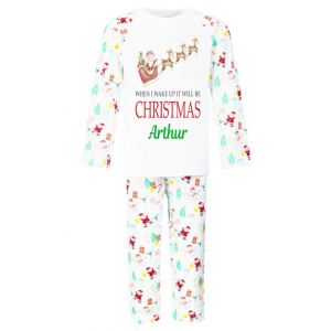 When I Wake Up It Will Be Christmas Santa Sleigh Watercolour Any Name Childrens Pyjamas