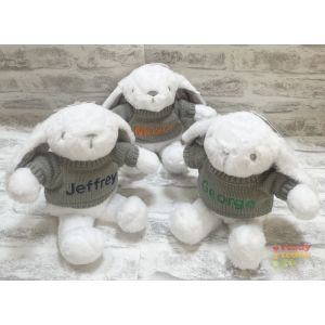 White Bunny Rabbit wearing grey Knitted Jumper