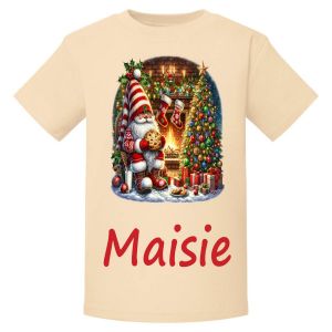 Christmas Gnome Fireplace Scene Any Name Childrens Printed T-Shirt